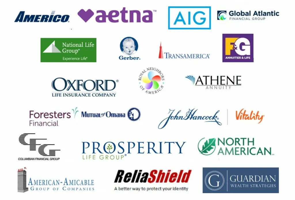 Logos of partner insurance carriers including Americo, Aetna, AIG, Global Atlantic, National Life Group, Gerber, Transamerica, F&G, Oxford Life, Royal Neighbors of America, Athene, Foresters Financial, Mutual of Omaha, John Hancock, Columbian Financial Group, Prosperity Life Group, North American, American-Amicable, ReliaShield and Guardian Wealth Strategies