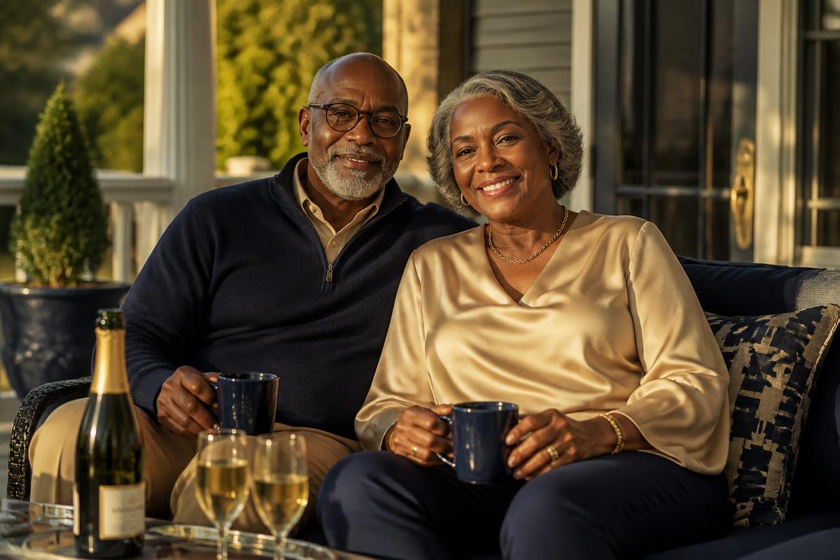 A retired couple walking on the beach at sunset
